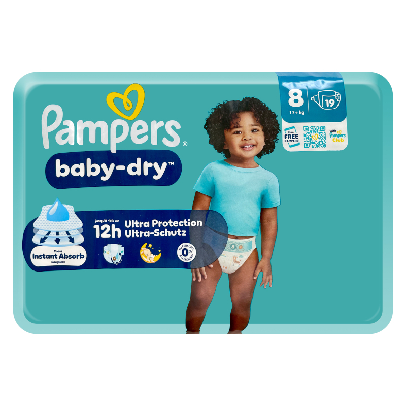 Vorderseite einer Packung Pampers Baby Dry Größe 8.